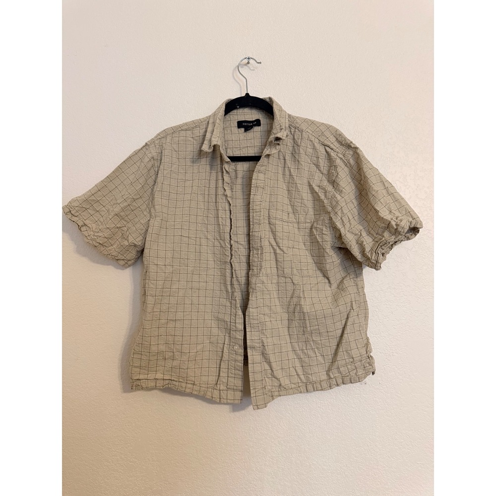 Cotton On Mens Short Sleeve Button Down Shirt Tan Windowpane Check Small Box